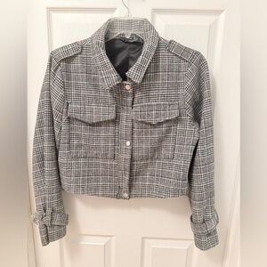 Stoosh Black and White Plaid Button Up Cropped Blazer Snap Sleeves Size XL